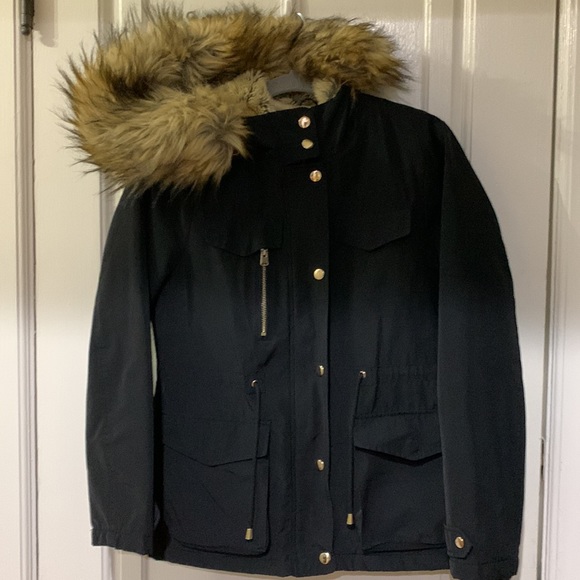TOPSHOP faux fur hooded coat navy size 6 - Picture 2 of 7